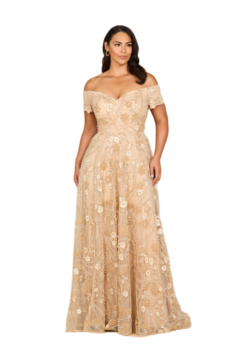 LARA New York Off Shoulder A-Line Floral Gown, Main, color, Light Taupe