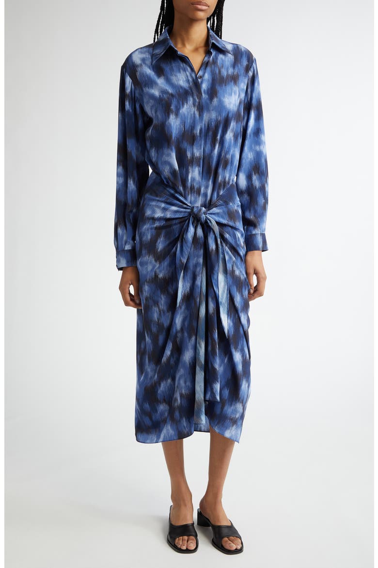 Abstract Print Tie Front Long Sleeve Shirtdress, Main, color, RIVIERA/BLACK