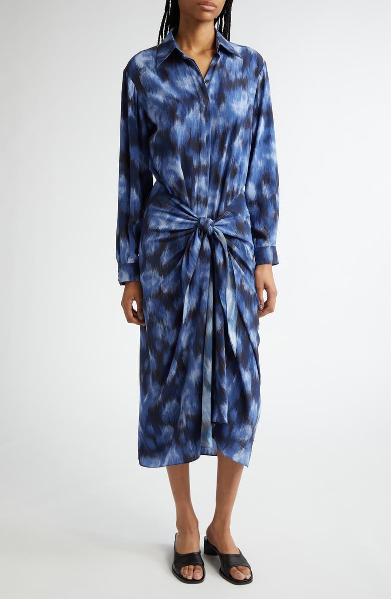 Michael Kors Collection Abstract Print Tie Front Long Sleeve Shirtdress, Main, color, Riviera/ Black