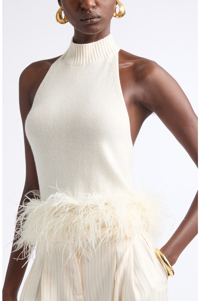 Kelly Ostrich Feather Trim Sweater Tank, Alternate, color, IVORY