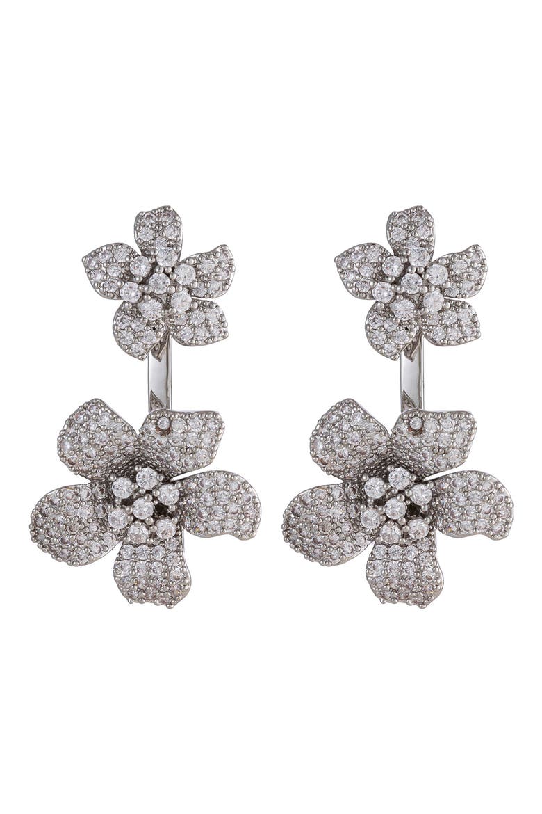 Rose Cubic Zirconia Floral Drop Earrings, Main, color, SILVER