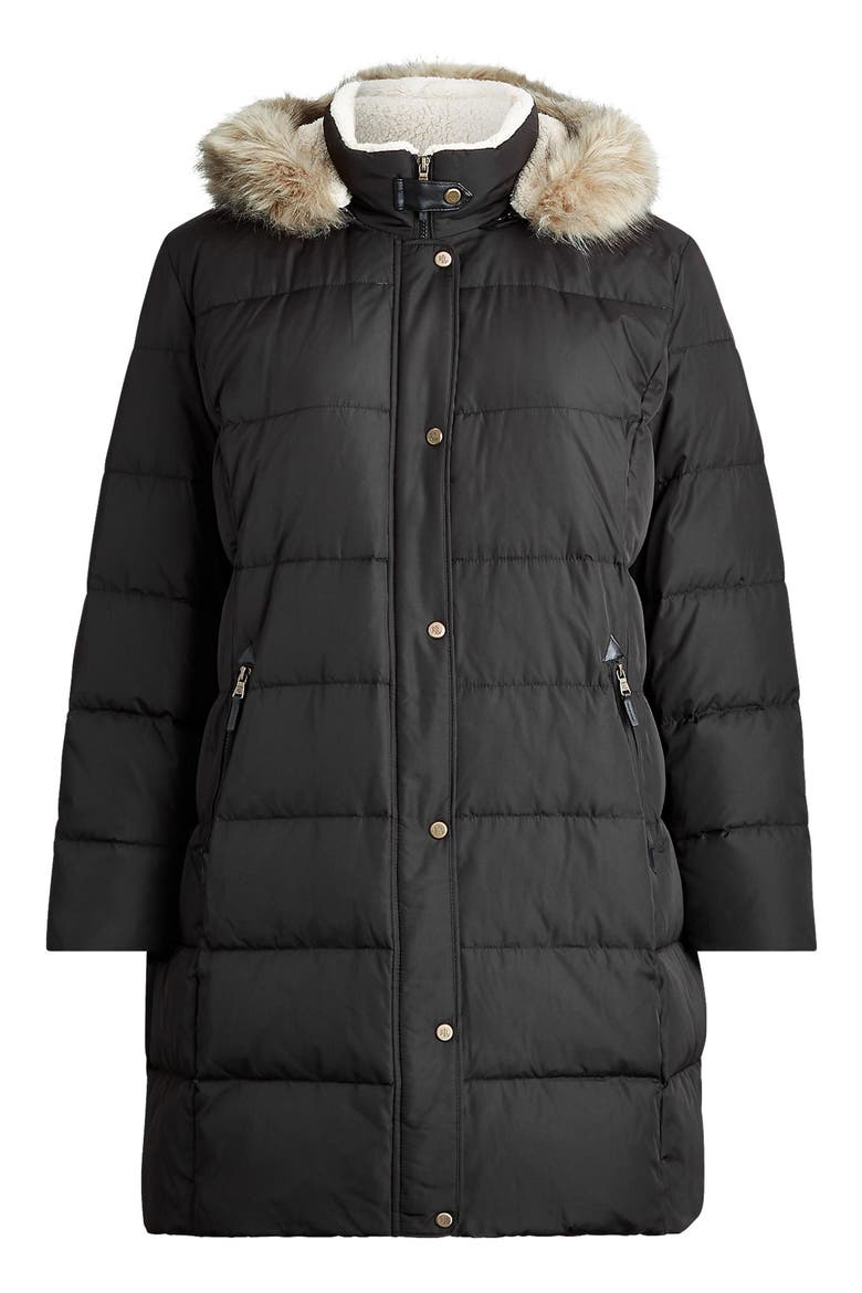Down Puffer Coat with Removable Faux Fur Trim Hood, Alternate, color, BLACK