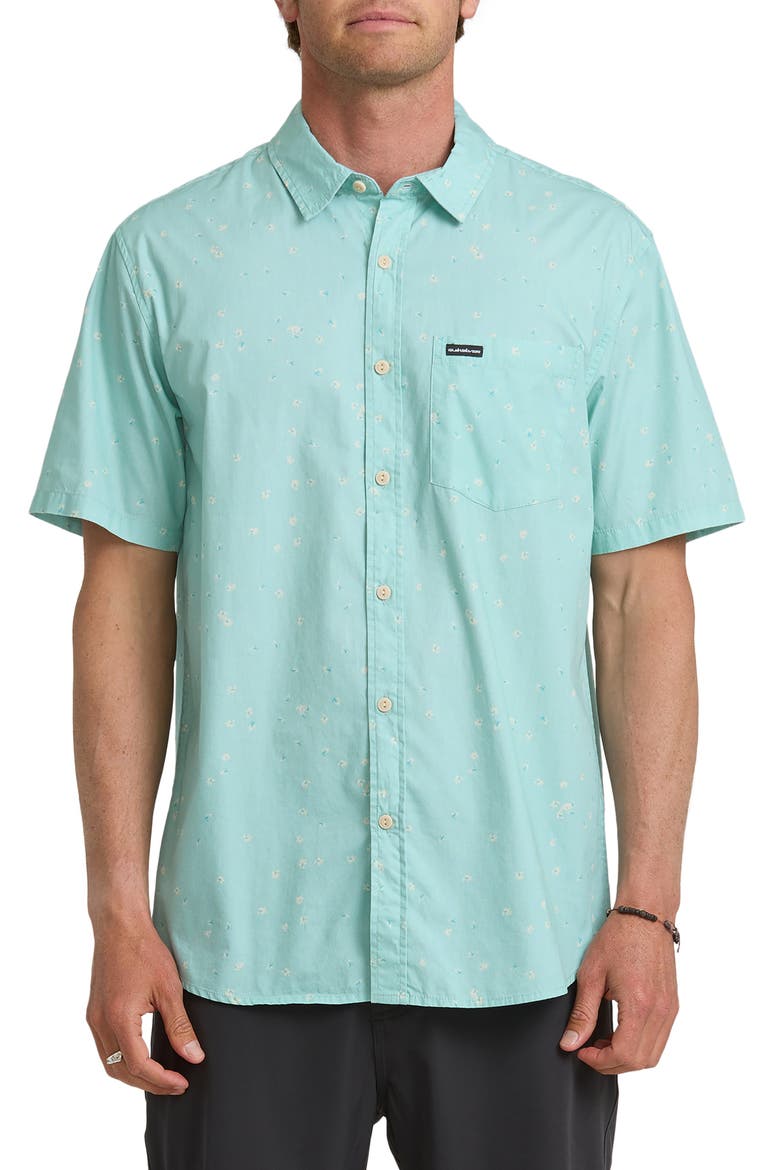 Ditsy Blossom Floral Classic Short Sleeve Cotton Button-Up Shirt, Main, color, BLUE HAZE