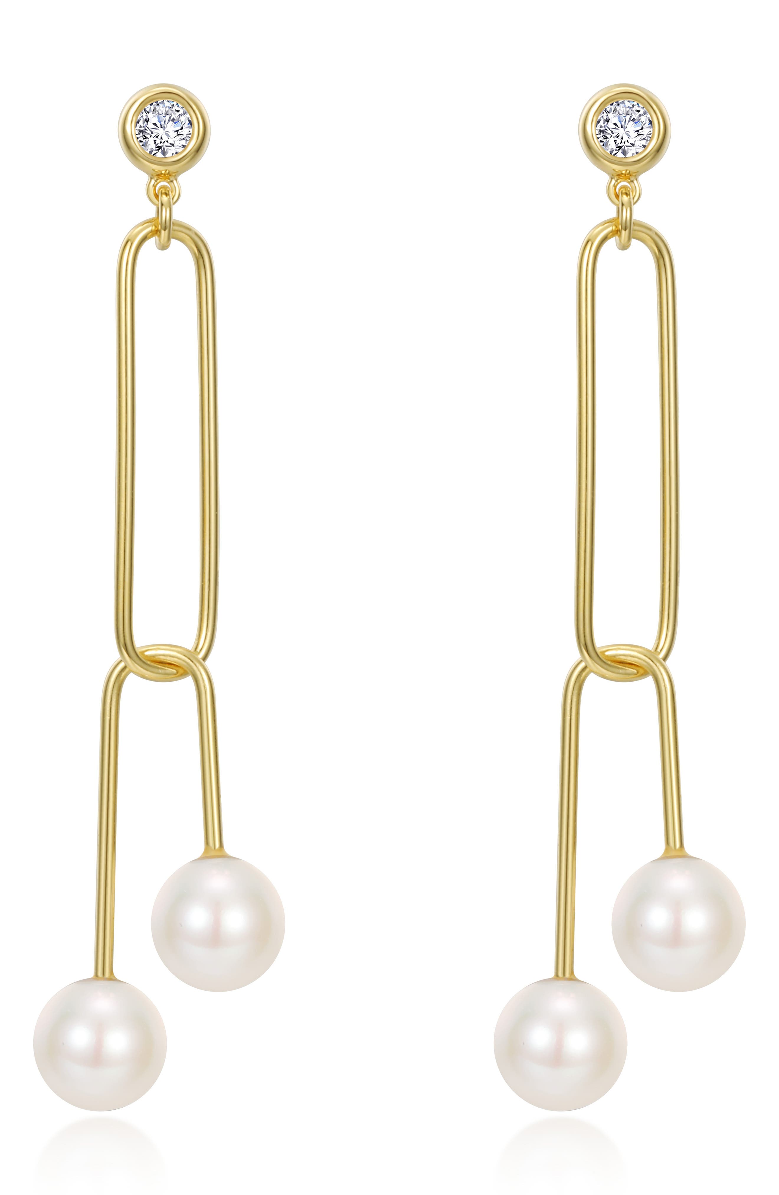 Lafonn Gold Plated Sterling Silver Simulated Diamond & Cultured Freshwater Pearl Paperclip Dangle Earrings