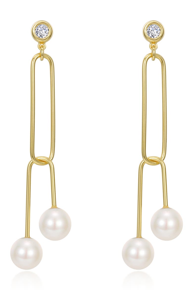 Gold Plated Sterling Silver Simulated Diamond & Cultured Freshwater Pearl Paperclip Dangle Earrings, Main, color, WHITE