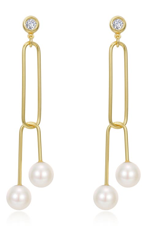 Gold Plated Sterling Silver Simulated Diamond & Cultured Freshwater Pearl Paperclip Dangle Earrings