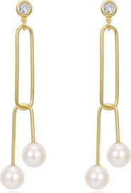 Lafonn Gold Plated Sterling Silver Simulated Diamond & Cultured Freshwater Pearl Paperclip Dangle Earrings