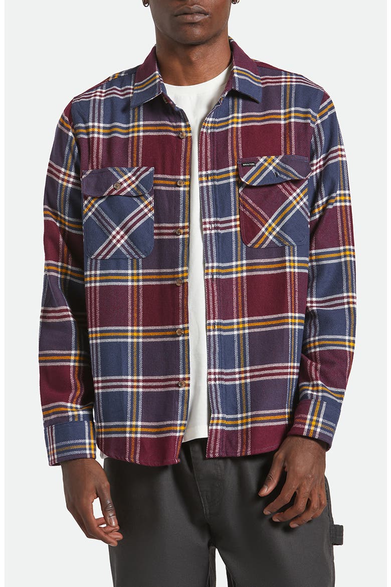 Bowery Plaid Flannel Button-Up Shirt, Main, color, MOOD INDIGO/PORT/SAFFRON