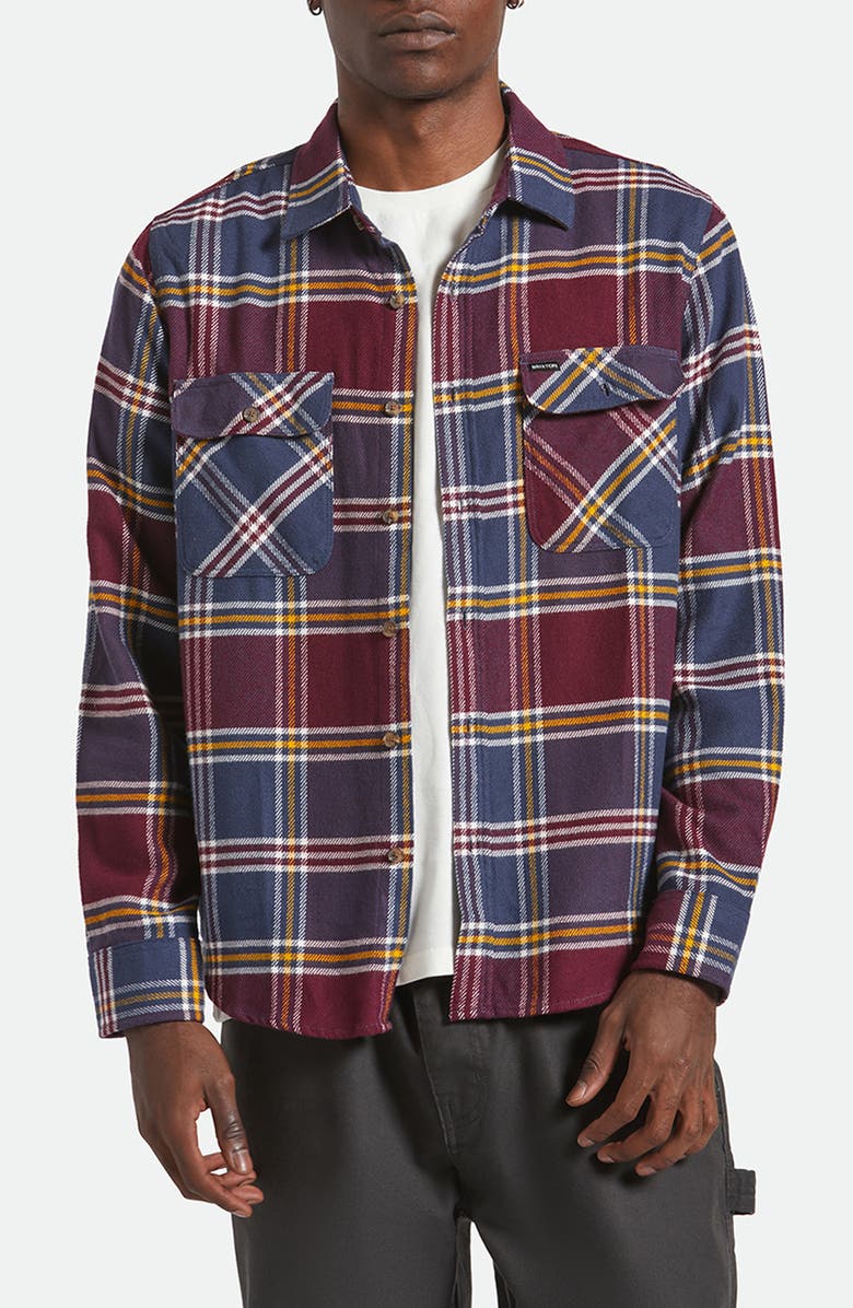 Brixton Bowery Plaid Flannel Button-Up Shirt, Main, color, Mood Indigo/Port/Saffron