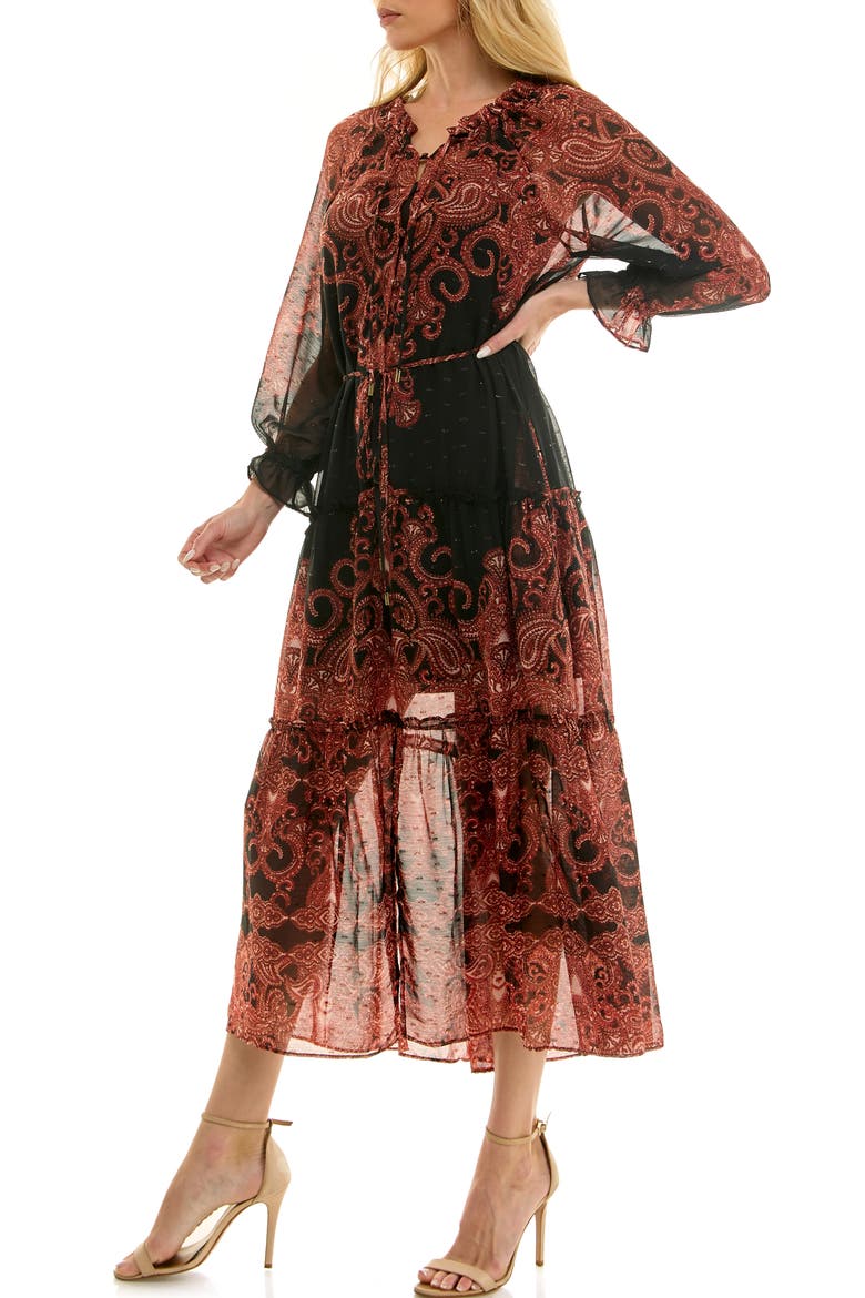 Poet Long Sleeve Chiffon Midi Dress, Alternate, color, BLACK/ RUST