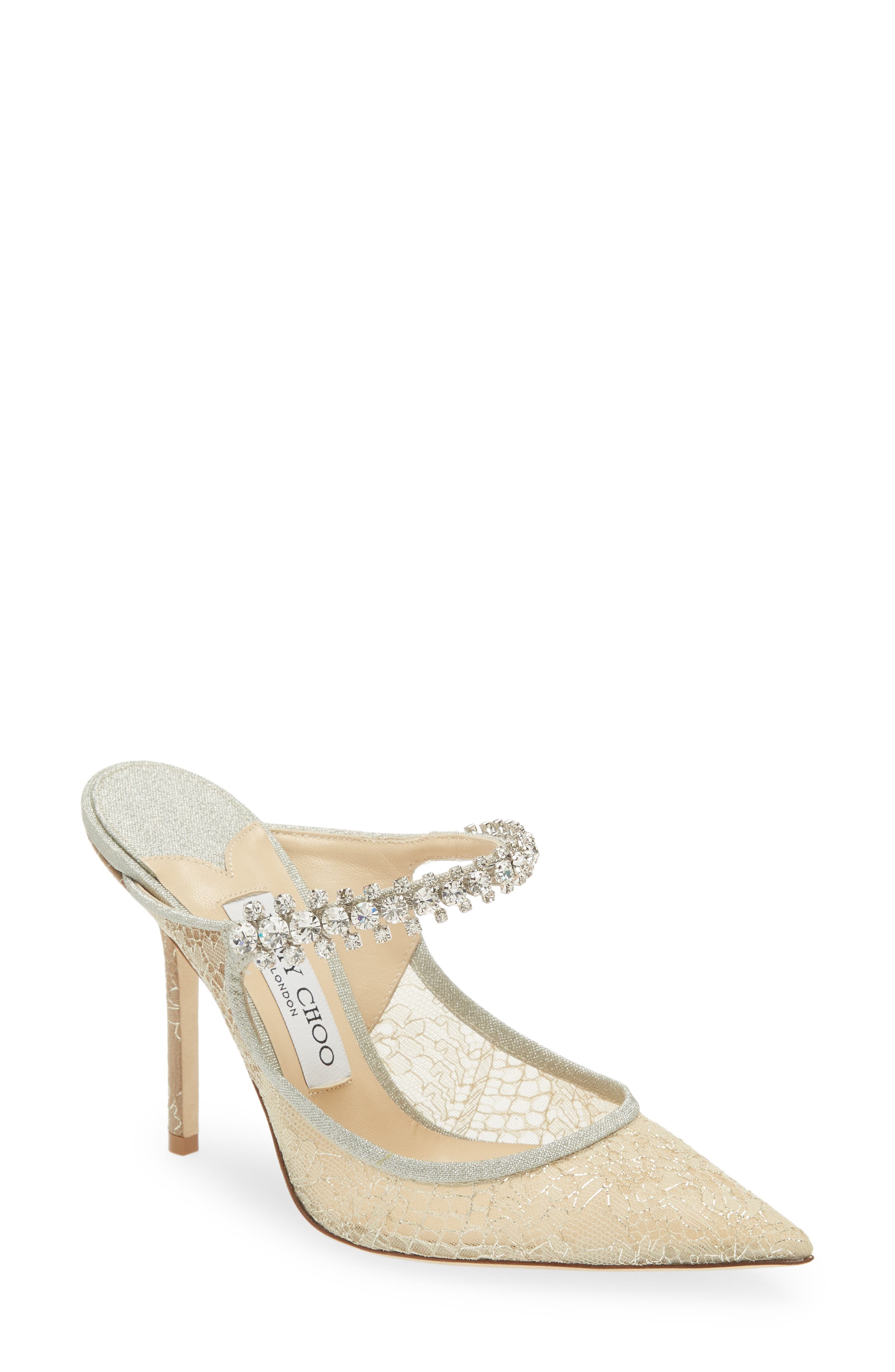 Jimmy Choo Bing Crystal Embellished Metallic Lace Mule, Main, color, 