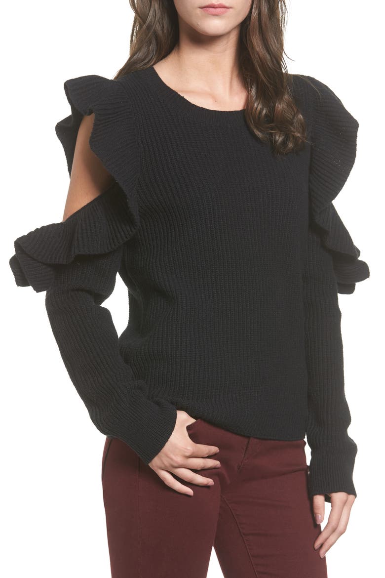 Ruffle Cold Shoulder Sweater, Main, color, BLACK