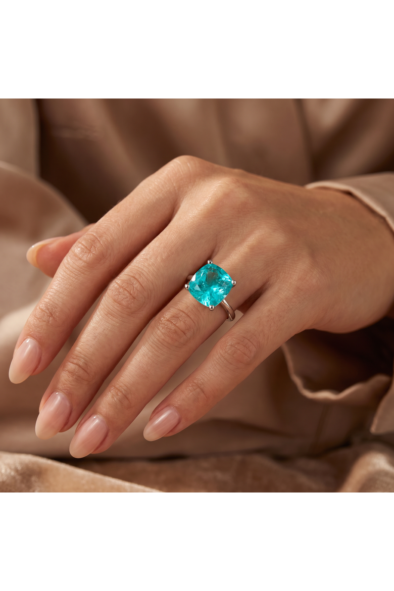 6 1/2Ct Cushion Paraíba Solitaire Ring 14k Gold Lab Grown 10MM, Alternate, color, 14k White Gold