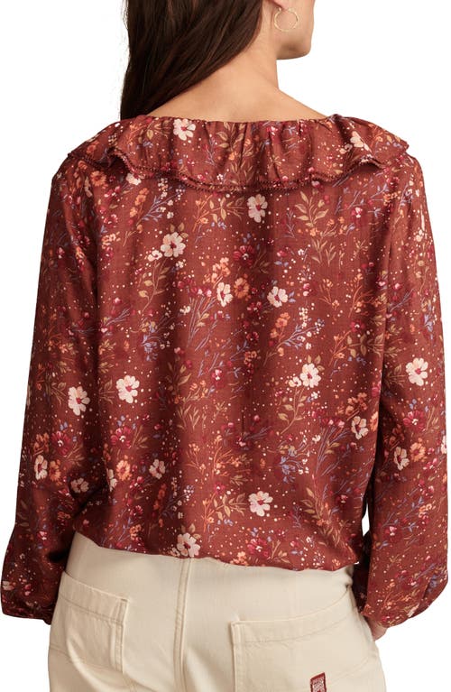 Lucky Brand Floral Print Ruffle Tie Neck Top In Brown