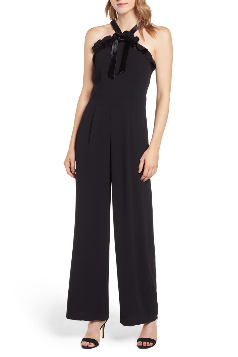 Velvet Bow Detail Jumpsuit, Main, color, RICH BLACK