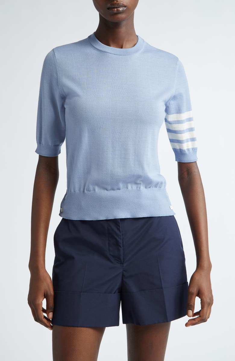Thom Browne 4-Bar Short Sleeve Wool & Cashmere Sweater, Main, color, Light Blue