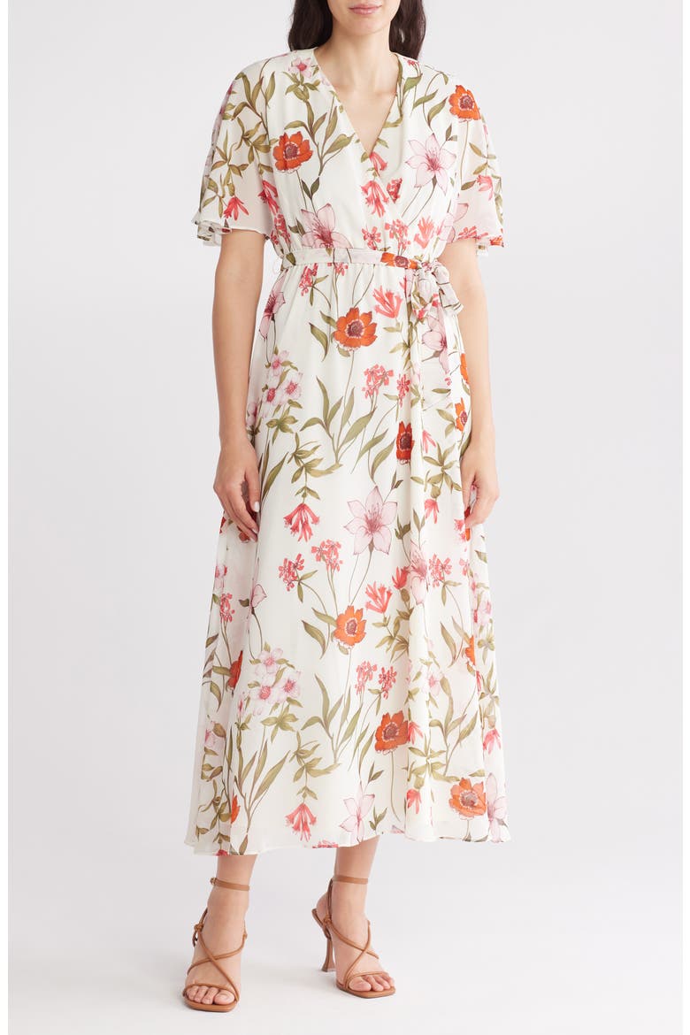 Floral Short Sleeve Faux Wrap Maxi Dress, Main, color, IVORY MULTI