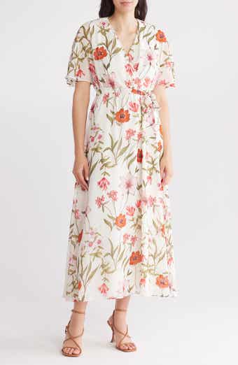 SANDRA DARREN Floral Short Sleeve Faux Wrap Maxi Dress