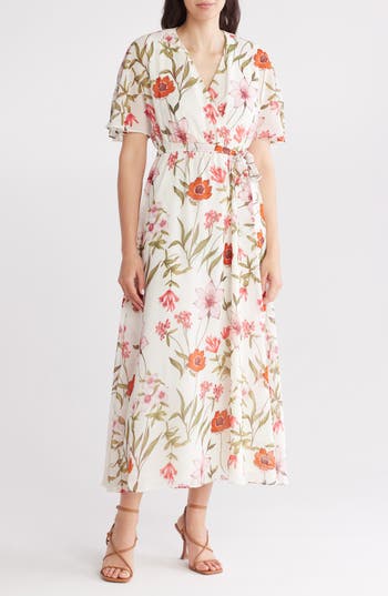 Sandra Darren Floral Short Sleeve Faux Wrap Maxi Dress In Ivory Multi