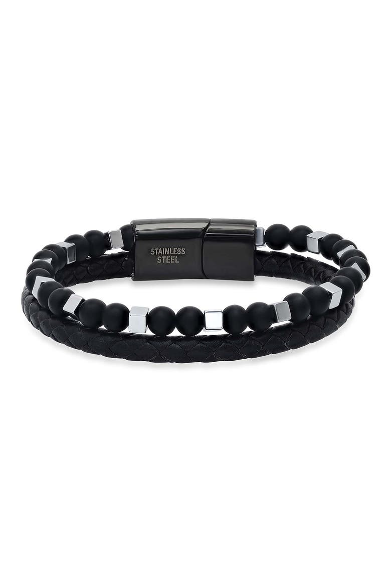 Men's Braided Leather Bracelet, Main, color, BLACK