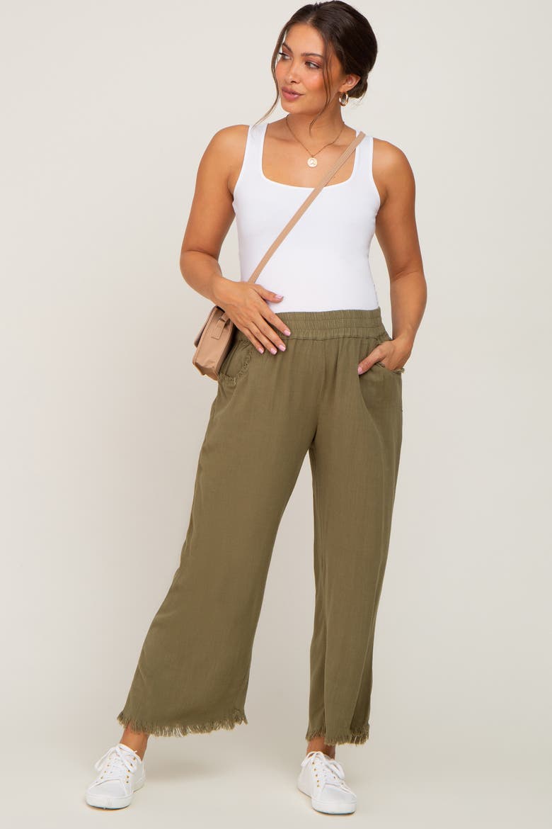 Linen Frayed Hem Crop Pants, Main, color, Olive Green
