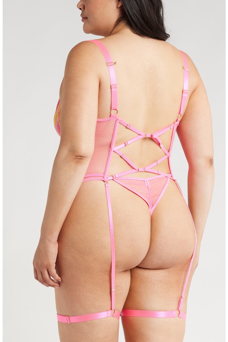 Embroidered Mesh Underwire Bustier with Garter Straps & Thong Set, Alternate, color, NEON PINK
