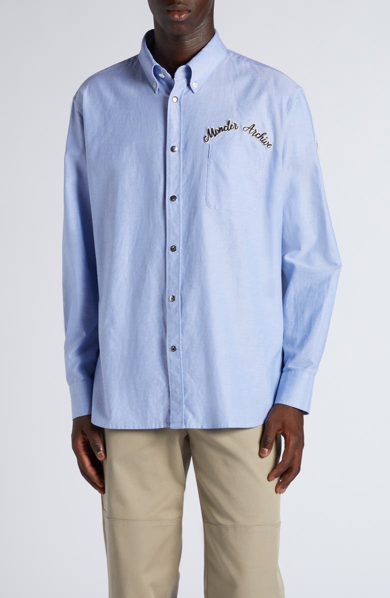 Moncler Archive Logo Patch Cotton Button-Down Shirt, Main, color, 