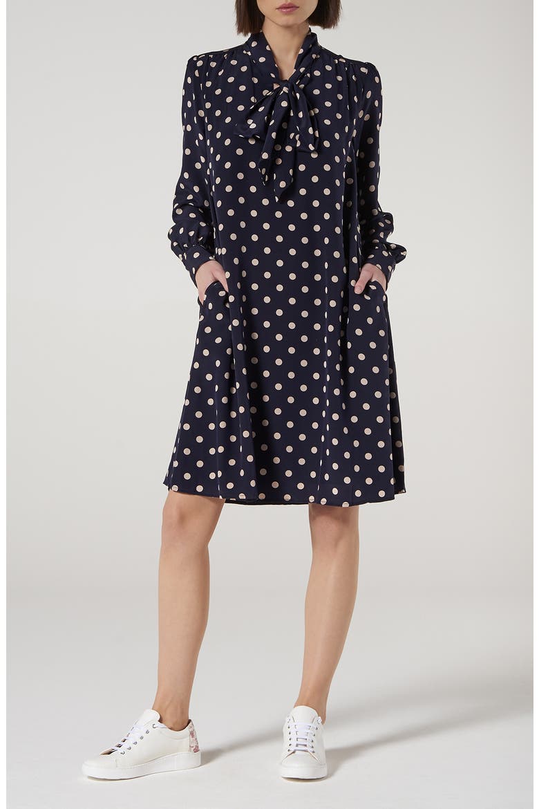 Evia Long Sleeve Silk Dress, Main, color, PRI-BLUE/WHITE