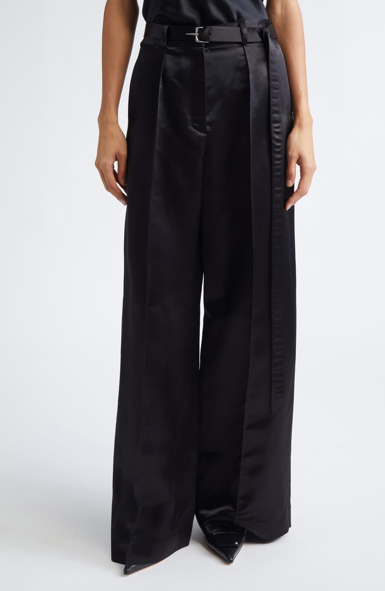 GRACE LING Liquid Satin Belted Wide Leg Pants, Main, color, Black