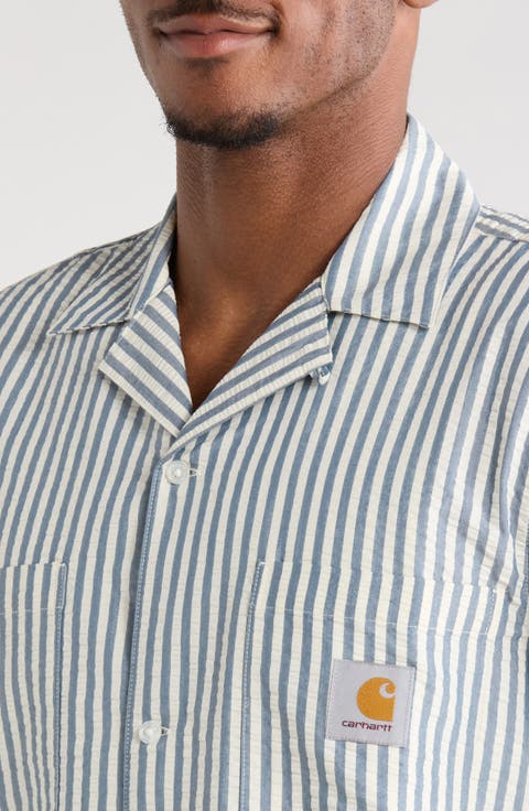 Leavel Stripe Seersucker Cotton Blend Button-Up Bowling Shirt