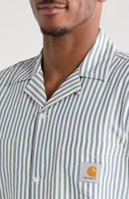 Carhartt Work In Progress Leavel Stripe Seersucker Cotton Blend Button-Up Bowling Shirt