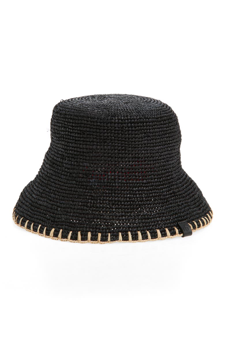 Jade Packable Raffia Straw Bucket Hat, Main, color, BLACK