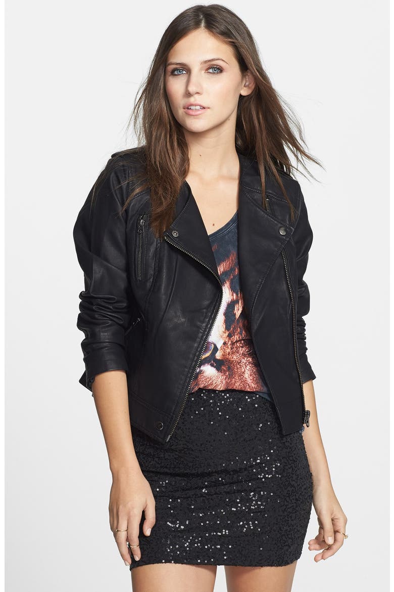 'Mirabelle' Faux Leather Biker Jacket, Main, color, BLACK