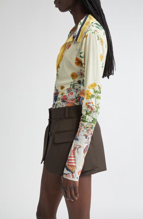 Monse Floral/football Mesh Long Sleeve Polo In Multi