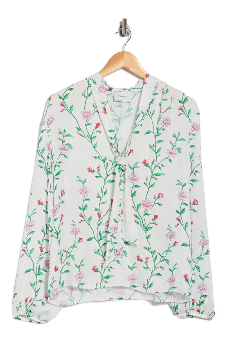 Floral Tie Neck Long Sleeve Top, Alternate, color, WHITE/ PINK