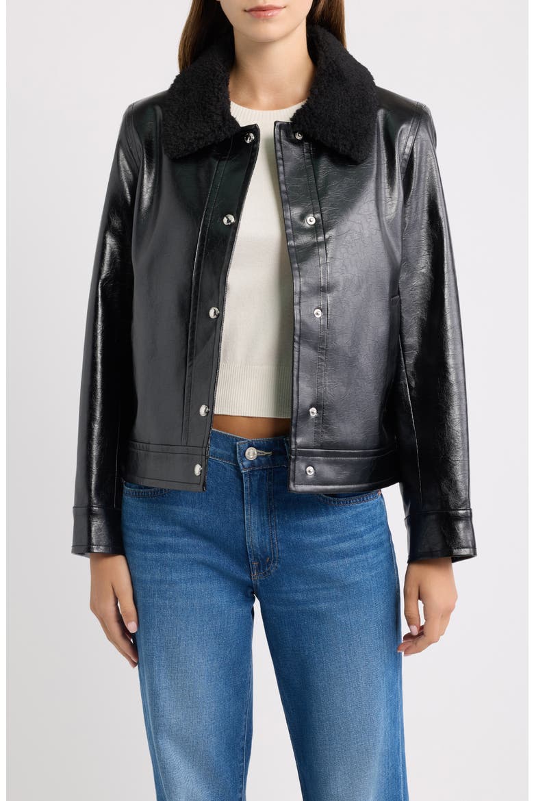 Slim Fit Faux Leather Jacket With Faux Fur Collar, Main, color, BLACK