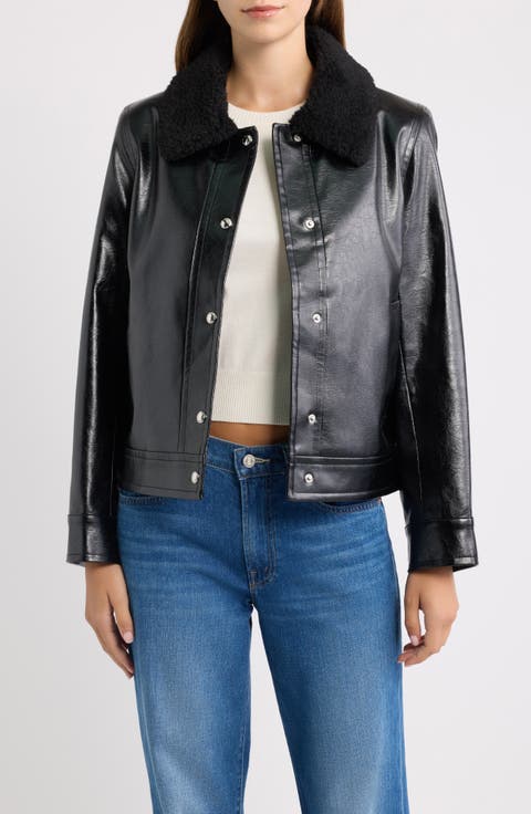 Slim Fit Faux Leather Jacket With Faux Fur Collar