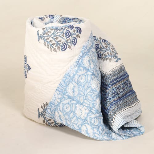 Mela Artisans Blockprinted Reversible Quilt In Blue