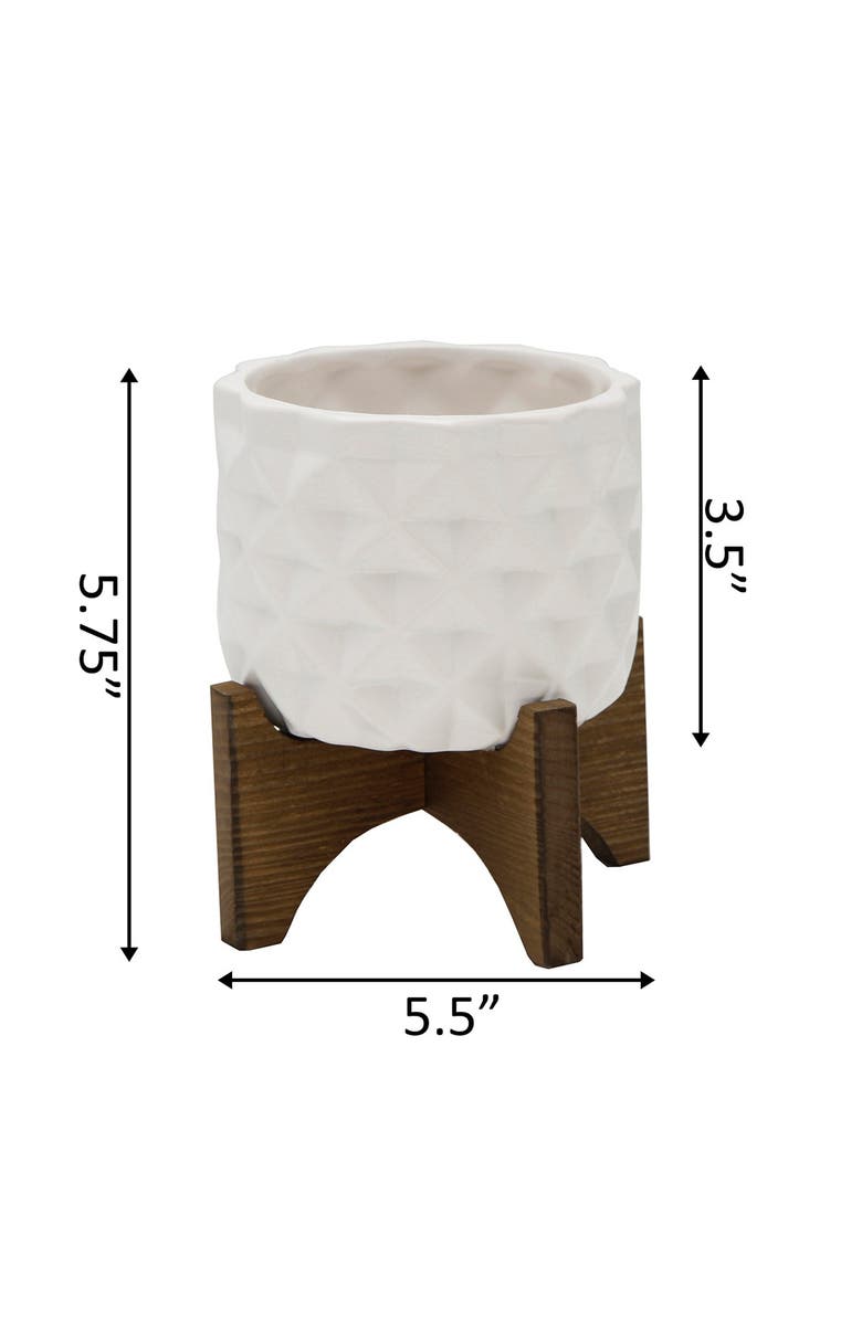 FLORA BUNDA Matte White Ceramic Dimple Pattern on Wood Stand, Alternate, color, 