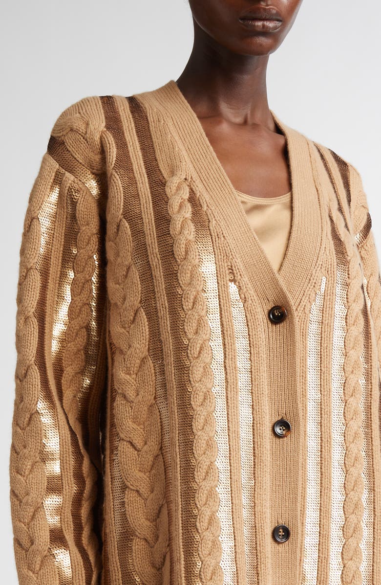 Max Mara Sequin Cable Stitch Wool & Cashmere Cardigan, Alternate, color, Camel