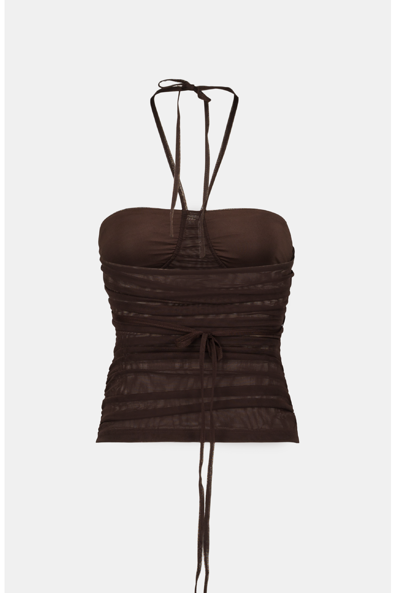 Elva Sheer Mesh Halterneck Top, Alternate, color, Dark Brown