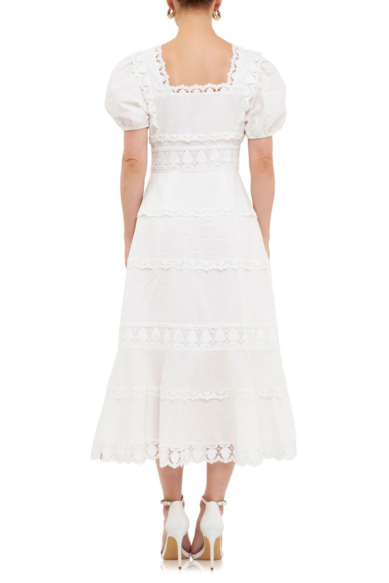 Lace Trim Tiered Cotton & Linen Midi Dress, Alternate, color, WHITE