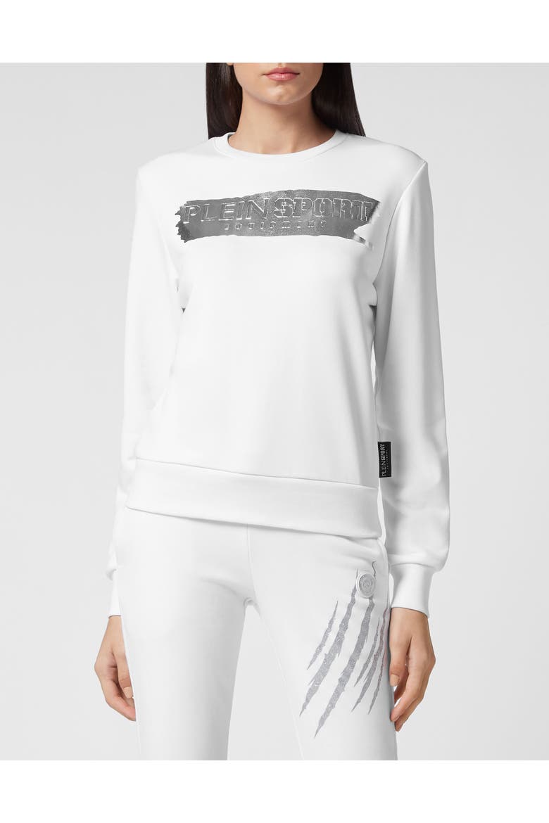 Stretch Cotton Fleece Crewneck Sweatshirt With Foil Logo, Relaxed Fit Athletic Pullover Women, Main, color, white