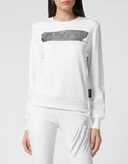 PLEIN SPORT Stretch Cotton Fleece Crewneck Sweatshirt With Foil Logo, Relaxed Fit Athletic Pullover Women