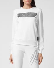 PLEIN SPORT Stretch Cotton Fleece Crewneck Sweatshirt With Foil Logo, Relaxed Fit Athletic Pullover Women