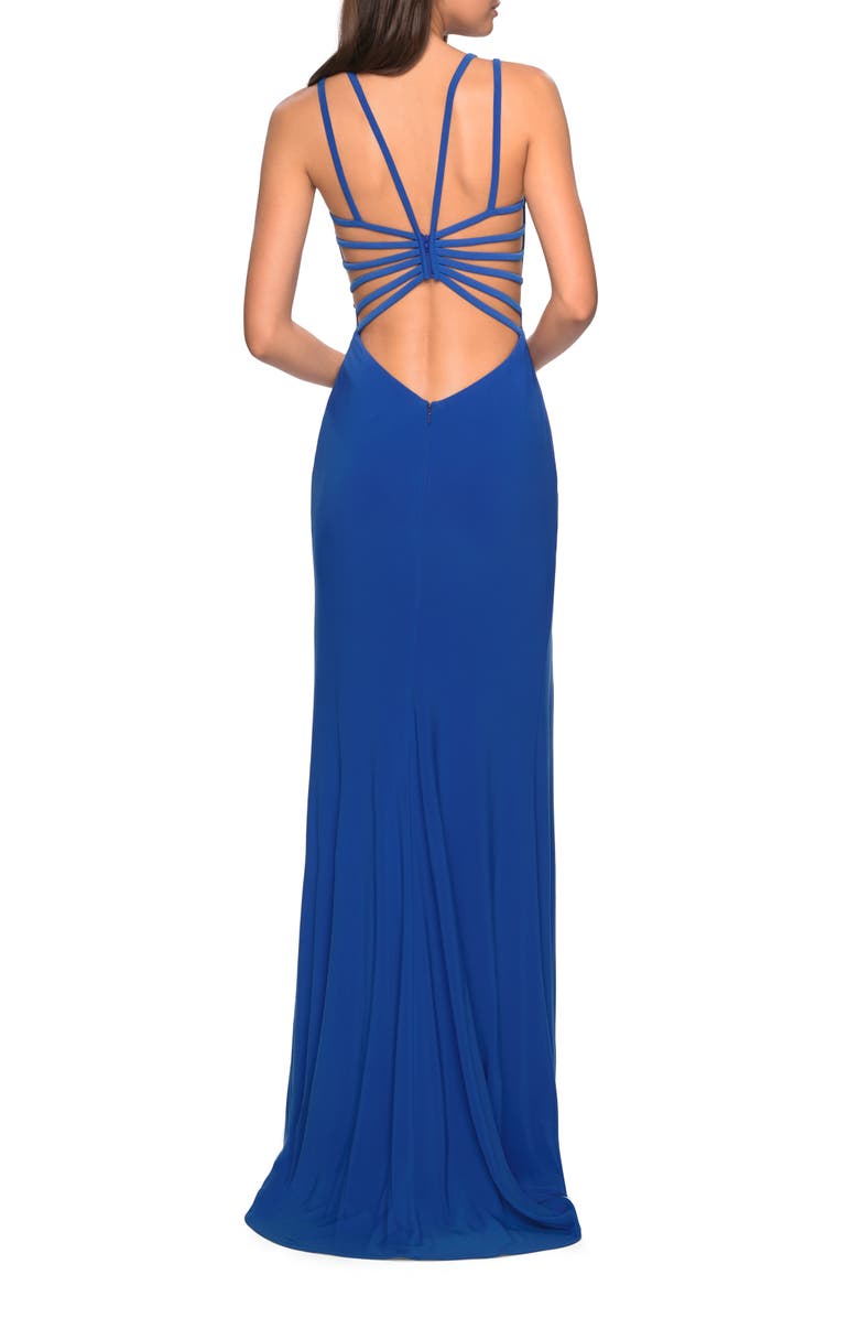 La Femme Sultry Long Dress with Intricate Strappy Back, Alternate, color, Royal Blue