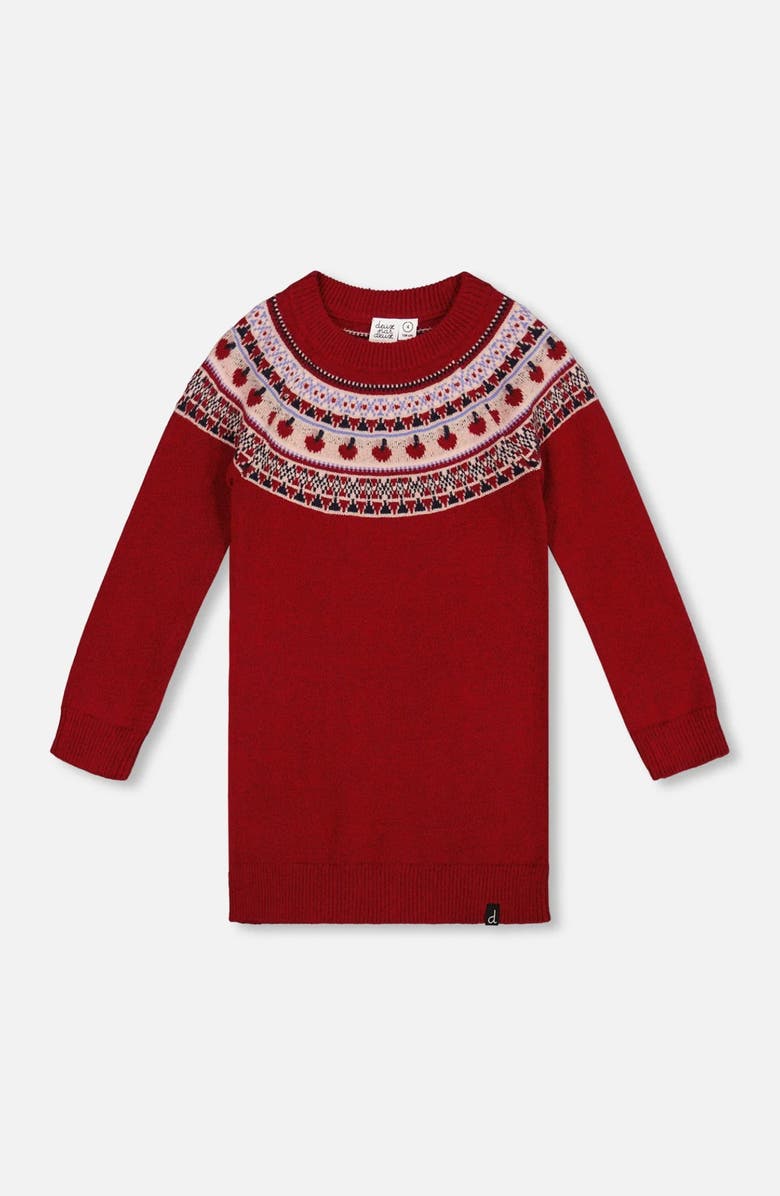 Deux par Deux Knit Dress with Apple Jacquard Yoke, Main, color, Red