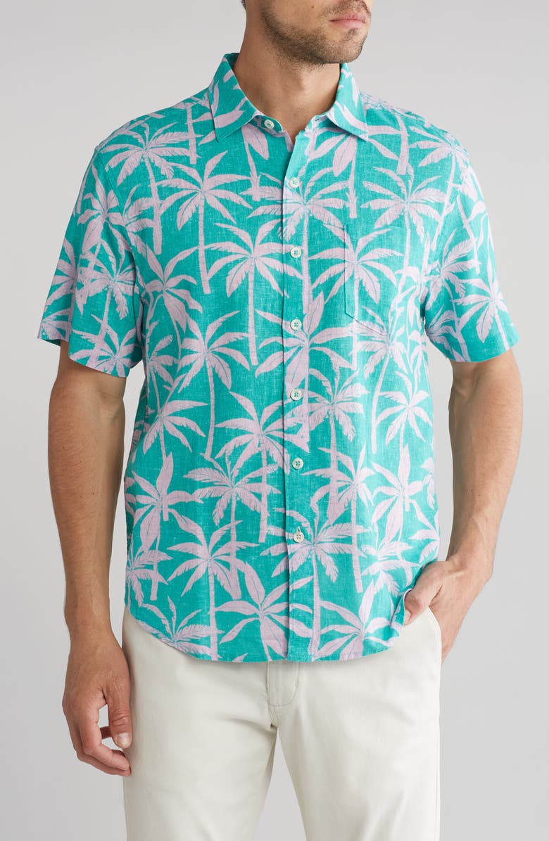 Tommy Bahama Winds of the Palms Waving Short Sleeve Linen & Cotton Button-Up Shirt, Main, color,