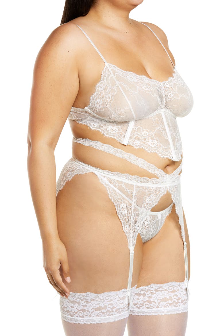 Lace Bra, Garter Belt & G-String Thong Set, Alternate, color, WHITE