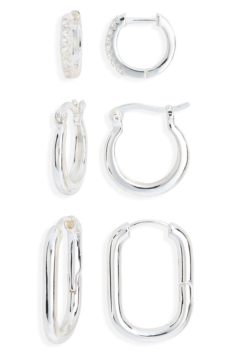 Demi Fine Set of 3 Cubic Zirconia Huggie Hoop Earrings, Main, color, CLEAR- SILVER